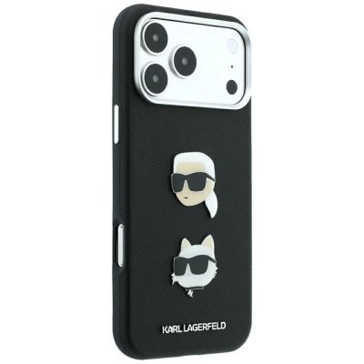 4. Karl Lagerfeld Saffiano Hülle mit Karl & Choupette Köpfen Pins & Logo für iPhone 18 Pro Max / 17 Pro Max - Schwarz