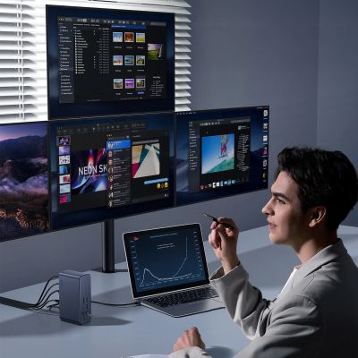 4. Baseus UnionJoy USB-C Dockingstation (2x HDMI 4K@60Hz, 1x DisplayPort 4K@60Hz, 3x USB-A 3.0, 2x USB-C 3.0, 2x USB-A 2.0, 1x RJ45 PD PC, 1x SD+TF, 1x 3,5-mm-Klinkenanschluss) – Grau