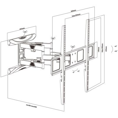 12. MACLEAN TV-WAND, max. VESA 800x600, 43-100", 80 kg, vertikale und horizontale Winkelverstellung, Profil 50-500 mm, Schwarz, MC-423