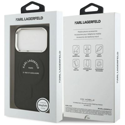 8. Karl Lagerfeld MagSafe Hülle mit geprägtem offenem Ring und RSG-Logo für iPhone 17 Pro Max / 18 Pro Max – Schwarz