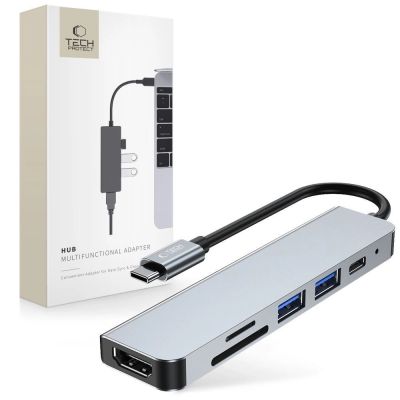 HUB Tech-Protect V4 6in1 USB-C – USB-A 3.0 / USB-A 2.0 / USB-C / HDMI / Micro SD / TF / SD-Kartenleser – Grau