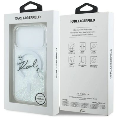 8. Karl Lagerfeld Flüssigglitzer-MagSafe-Hülle mit Karl-Schriftzug-Logo für iPhone 17 Pro – Transparent