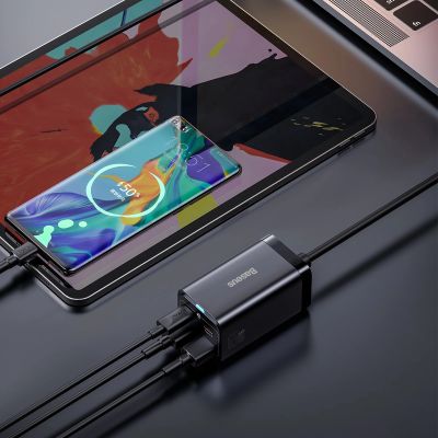 12. Baseus GaN3 Pro Schnellladegerät GaN 2 x USB Typ C / 2 x USB 65W PD, QC4.0+, AFC, PPS + Kabel USB Typ C - USB Typ C 1m schwarz (CCGP040101)
