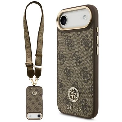 Guess 4G Strass Logo & Big Strap Metal Buttons MagSafe Case für iPhone Air - Braun