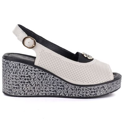 2. Damen-Keilsandalen aus Leder mit durchbrochenem beigem Muster, S.Barski 7010