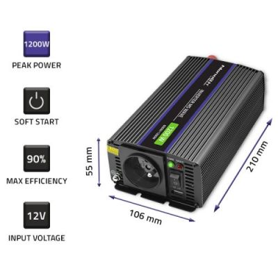 4. QOLTEC Spannungswandler Monolith 1200 MS Welle | 12 V auf 230 V | 600/1200 W | USB