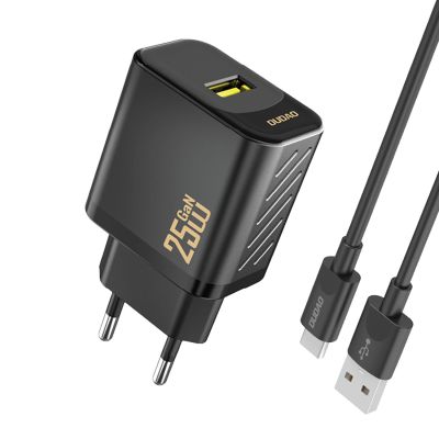 Dudao A27STEU 25W GaN USB-A Wandladegerät mit USB-A- und USB-C-Kabel – Schwarz