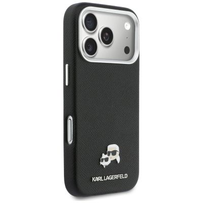 4. Karl Lagerfeld Karl & Choupette Head Pins Saffiano MagSafe Hülle für iPhone 17 Pro Max - Schwarz
