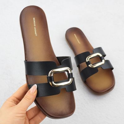 Damenpantoffeln mit Verzierungen, schwarz, Sergio Leone SK077H