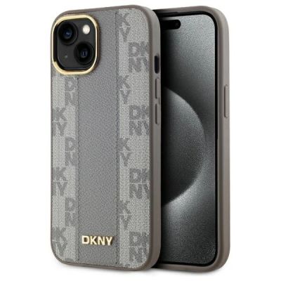 DKNY Leather Checkered Mono Pattern MagSafe-Hülle für iPhone 15 Plus – Beige