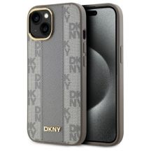 DKNY Leather Checkered Mono Pattern MagSafe-Hülle für iPhone 15 Plus – Beige