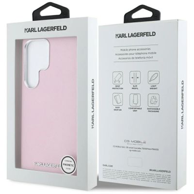 8. Karl Lagerfeld Saffiano Vollumwickelte MagSafe Hülle mit länglichem Metalllogo für Samsung Galaxy S25 Ultra - Rosa