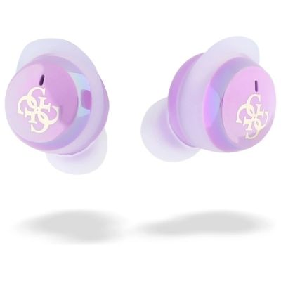 5. Guess 4G Bluetooth TWS-Kopfhörer mit aufgedrucktem Logo + Dockingstation, Violett