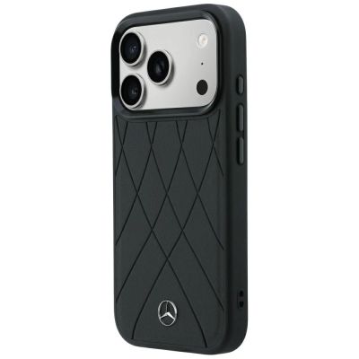 2. Mercedes Lederhülle mit gekreuzten Linien und MagSafe-Design für iPhone 17 Pro / 18 Pro – Schwarz