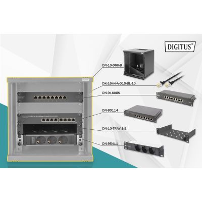 27. 10-Zoll-Netzwerkset: 6HE-Wandschrank, Ablage, Steckdosenleiste, 8-Port-Switch, Cat.6-Anschlussfeld, schwarz