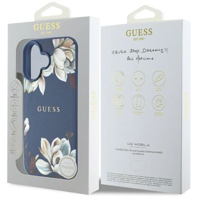 8. Guess Grained Printed Flower Pattern MagSafe iPhone 16 Hülle Blau