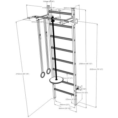 2. Turnwandbarren aus Holz und Metall mit Holzstange und Zubehörbank K 221W A204