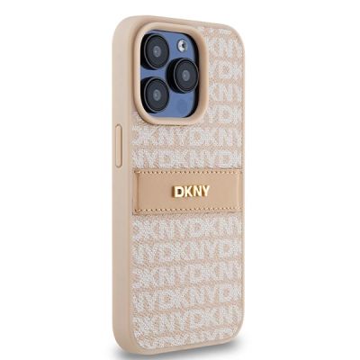 4. DKNY Lederhülle mit Monostreifen und Metalllogo für iPhone 15 Pro – Rosa