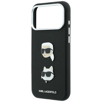 6. Karl Lagerfeld Saffiano Hülle mit Karl & Choupette Köpfen Pins & Logo für iPhone 18 Pro Max / 17 Pro Max - Schwarz