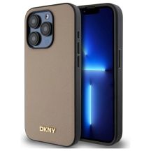 DKNY MagSafe iPhone 15 Pro Max Hülle mit genarbtem Metalllogo – Beige