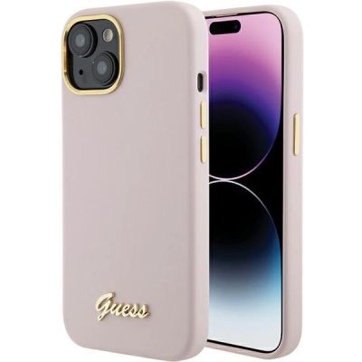 Guess Silikon Script Metal Logo & Frame Hülle für iPhone 15 – Rosa