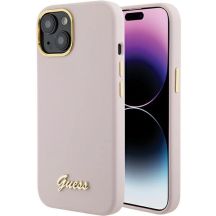 Guess Silikon Script Metal Logo & Frame Hülle für iPhone 15 – Rosa