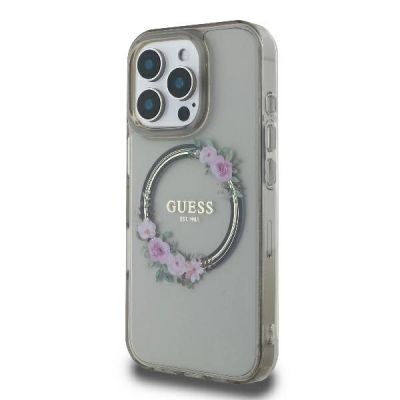2. Guess IML Flowers Wreath MagSafe Case für iPhone 16 Pro - Schwarz