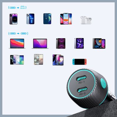 6. 2x USB C 70W Autoladegerät mit LED-Hintergrundbeleuchtung Joyroom JR-CCN02 - Schwarz