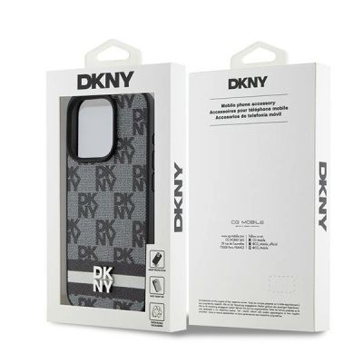 8. DKNY iPhone 15 Pro-Hülle aus Leder mit kariertem Monomuster und bedruckten Streifen – Schwarz