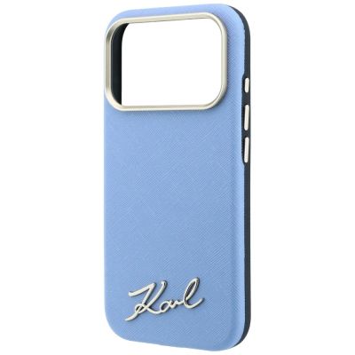 6. Karl Lagerfeld Saffiano MagSafe Hülle mit kleinem Schriftzug und Metalllogo für iPhone 17 Pro / 18 Pro – Hellblau