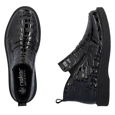 5. Damen-Ankle-Boots aus Lackleder, Krokodilmuster, schwarz, Rieker 71150-00