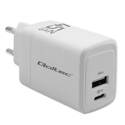 QOLTEC Ladegerät 45W GAN | 5-20V | 1,5-3A | 1x USB-C PD | 1x USB QC 3.0 | Weiß