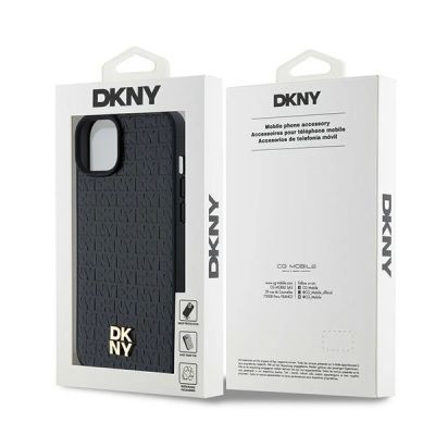 8. DKNY MagSafe-Hülle aus Leder mit Muster und Metalllogo für iPhone 15/14/13 – Schwarz