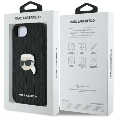 8. Karl Lagerfeld iPhone 16e Hülle mit Monogramm-Karl-Kopf-Anstecker - Schwarz