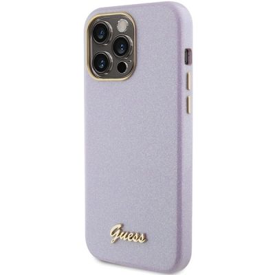2. Guess Glitter Glossy Script Hülle für iPhone 15 Pro – Flieder