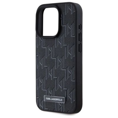 6. Karl Lagerfeld Leder-Monogramm-Metalllogo-MagSafe-Hülle für iPhone 15 Pro – Schwarz