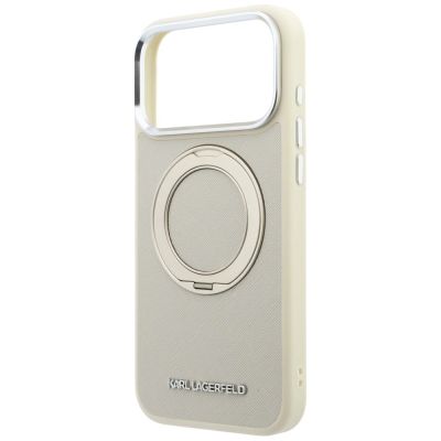 6. Karl Lagerfeld Ring Stand 360 Saffiano Classic Logo MagSafe Hülle für iPhone 18 Pro / 17 Pro – beige