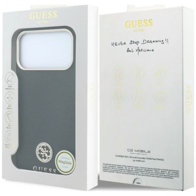 8. Guess MagSafe Hülle mit genarbtem, rundem Strass-Logo für iPhone 18 Pro Max / 17 Pro Max – Schwarz