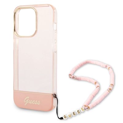 5. Guess GUHCP14XHGCOHP iPhone 14 Pro Max 6,7" rosa/rosa Hartschale mit durchscheinendem Perlenarmband