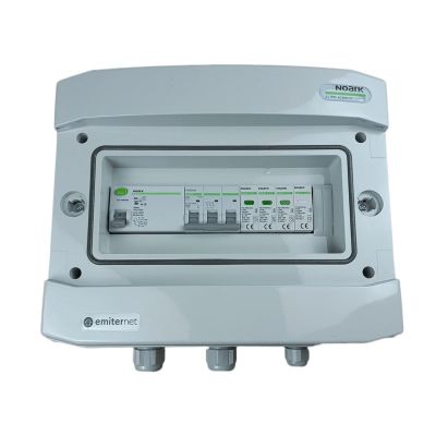 Hermetische IP65 EMITER-Wechselstromanschlussverteileranlage mit Überspannungsableiter Noark Typ 1+2, 50 A 3-F, FI-Schutzschalter Typ A 63 A/300 mA