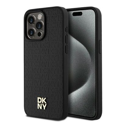 DKNY MagSafe-Hülle aus Leder mit Monogrammmuster und Metalllogo für iPhone 15 Pro Max – Schwarz