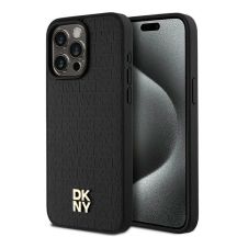DKNY MagSafe-Hülle aus Leder mit Monogrammmuster und Metalllogo für iPhone 15 Pro Max – Schwarz