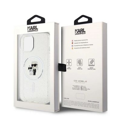8. Karl Lagerfeld Karl&Choupette Glitter MagSafe Hülle für iPhone 15 Plus – transparent