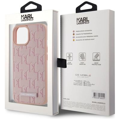 8. Karl Lagerfeld Leder-Monogramm-Metalllogo MagSafe iPhone 15 Hülle - Rosa