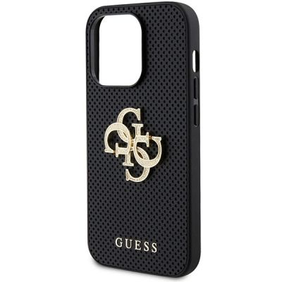 6. Guess Lederhülle mit perforiertem 4G-Glitzer-Logo für iPhone 15 Pro – Schwarz