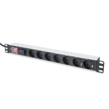 Digitus PDU 19" Rackmount-Steckdosenleiste, 7 Schuko-Steckdosen, 2,0 m Kabel, 1 Unischuko-Stecker, 16 A, Ein/Aus-Schalter, Überspannungsschutz, Aluminiumprofil