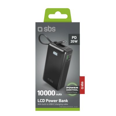 2. Powerbank SBS 10000 mAh 20W mit integriertem USB-C-Kabel und Digitalanzeige - schwarz