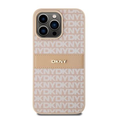 3. DKNY Lederhülle mit Monostreifen und Metalllogo für iPhone 15 Pro Max – Rosa