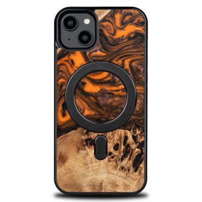 Holz- und Harzhülle für iPhone 15 Plus MagSafe Bewood Unique Orange – Orange und Schwarz