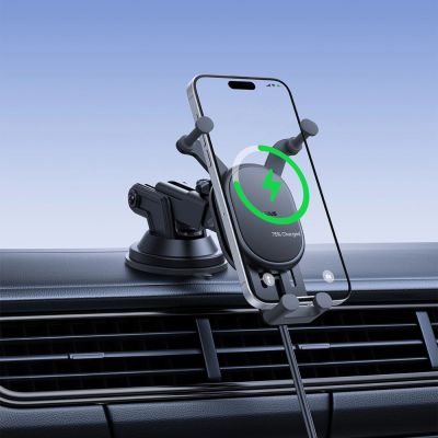 8. Baseus Stabile Autohalterung mit 15-W-Induktionsladegerät, Schwerkraft- und Saugnapfbefestigung – Schwarz